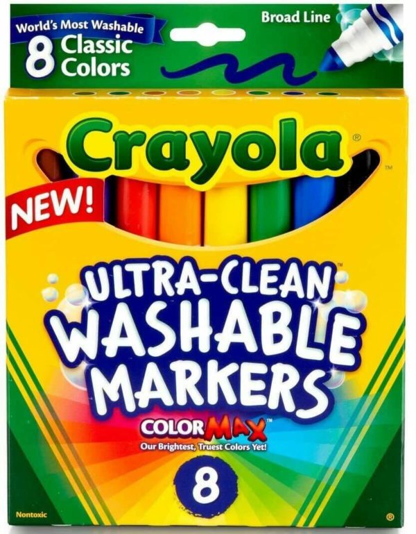 Crayola Washable Markers, Broad Point, Classic Colors, 8-Count Versatile Tips